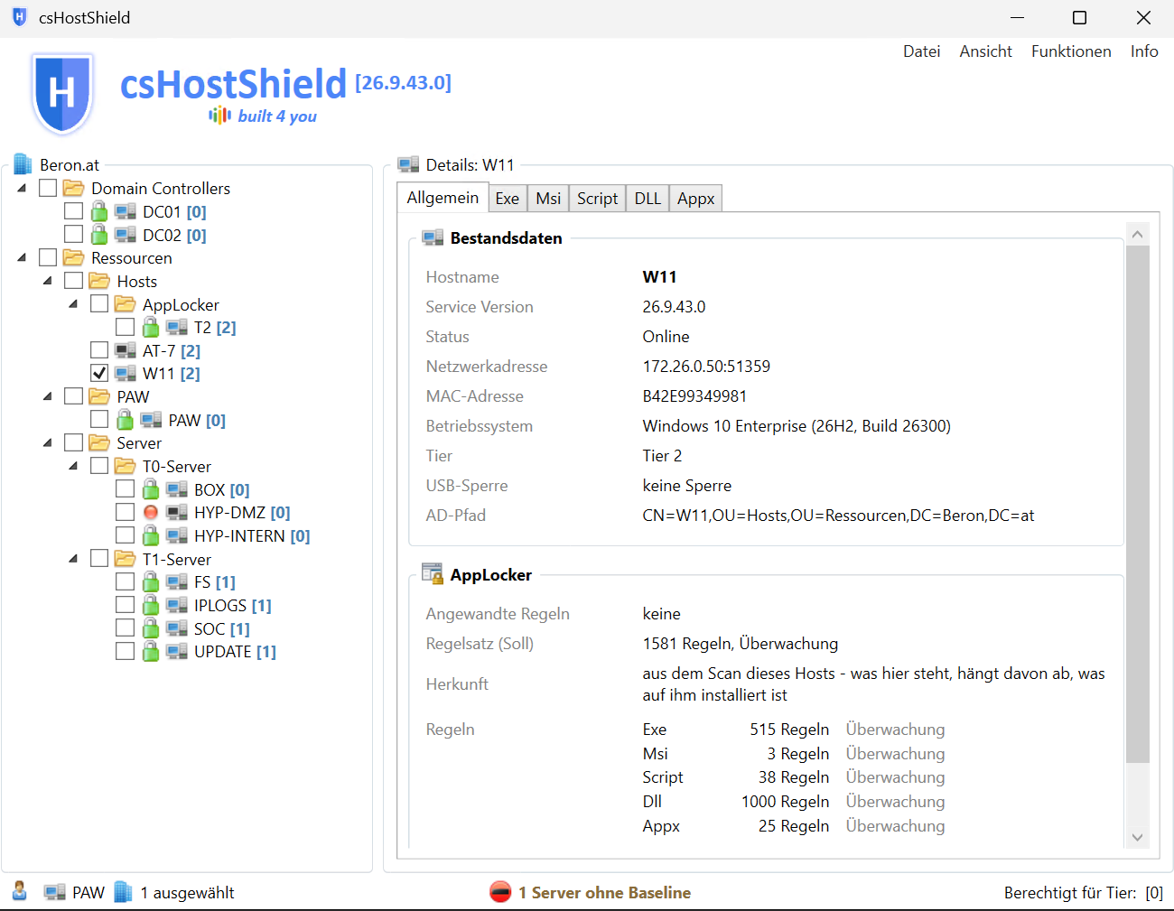 csHostShield, Details eines Hosts mit USB-Sperre und AppLocker-Regelsatz im Überwachungsmodus