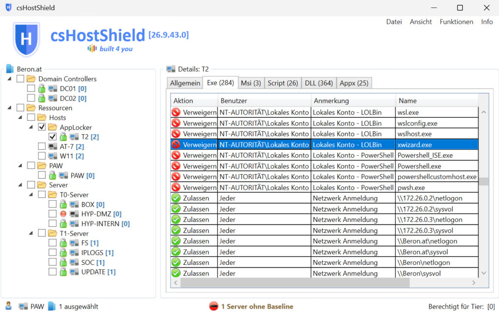 csHostShield, AppLocker-Regeln eines Arbeitsplatzes mit verweigerten LOLBins und PowerShell für lokale Konten
