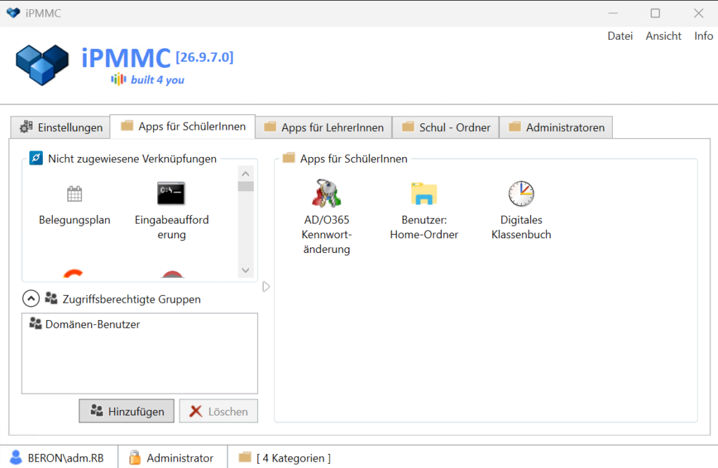 iPMMC im Entwurfsmodus mit nicht zugewiesenen Verknüpfungen, zugriffsberechtigten Gruppen und den Kacheln einer Registerkarte
